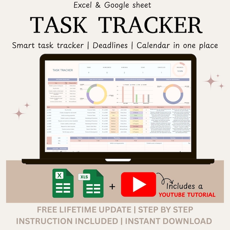 Peut inclure: Un &eacute;cran d'ordinateur portable affichant un tableur de suivi des t&acirc;ches. L'image comprend le texte "TASK TRACKER" et "Smart task tracker | Deadlines | Calendar in one place." Des ic&ocirc;nes pour Excel, Google Sheets et un tutoriel YouTube sont &eacute;galement pr&eacute;sentes.