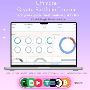 Puede incluir: Una computadora portátil que muestra un rastreador de cartera de criptomonedas. La pantalla muestra gráficos y visualizaciones de datos para el seguimiento de inversiones. El texto incluye "Ultimate Crypto Portfolio Tracker" y "Excel & Google Sheets template".