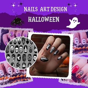 Paket med mallar för läskiga nagelkonst | Nageldekaler med skräckansikten | Läskiga övningsblad | Halloween DIY-nageldesign | Kusliga nagelklistermärken