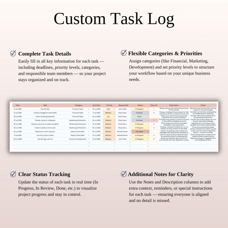 Peut inclure: Un journal de t&acirc;ches personnalis&eacute; sur fond rose clair. Le journal comprend des sections pour les d&eacute;tails des t&acirc;ches, les cat&eacute;gories, les priorit&eacute;s et le suivi de l'&eacute;tat. Le texte sur l'image comprend "Custom Task Log", "Complete Task Details", "Flexible Categories & Priorities", "Clear Status Tracking", et "Additional Notes for Clarity".