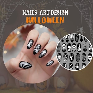 Puede incluir: Diseño de uñas negras con ilustraciones de Halloween. Las uñas presentan manos de esqueleto blancas, calaveras, fantasmas y telarañas. Una incrustación circular muestra diseños de uñas adicionales de Halloween. El texto "NAILS ART DESIGN HALLOWEEN" está en la parte superior.