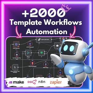 Könnte beinhalten: Werbebild mit neon-lila und rosa Rand. Das Bild zeigt den Text "+2000 Template Workflows Automation" und einen Cartoon-Roboter. Darunter befinden sich die Logos von Make, n8n und Zapier.