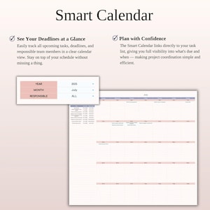 Peut inclure: Une page de calendrier intelligent avec le titre "Smart Calendar" en haut. Le calendrier affiche un calendrier de juillet 2025 avec des accents roses et bleus. Le calendrier comprend des sections pour l'ann&eacute;e, le mois et les responsables.