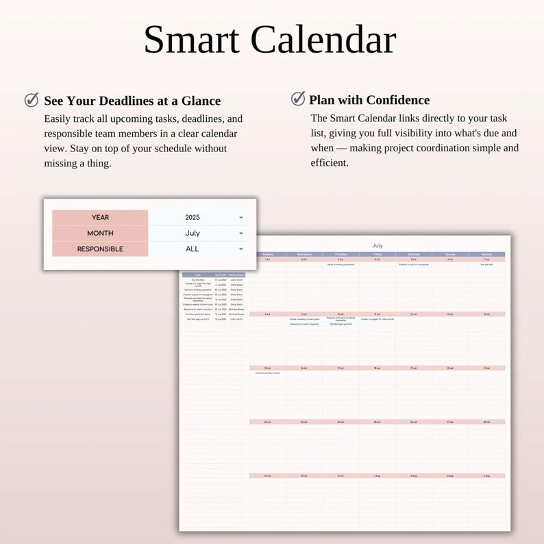 Peut inclure: Une page de calendrier intelligent avec le titre "Smart Calendar" en haut. Le calendrier affiche un calendrier de juillet 2025 avec des accents roses et bleus. Le calendrier comprend des sections pour l'ann&eacute;e, le mois et les responsables.