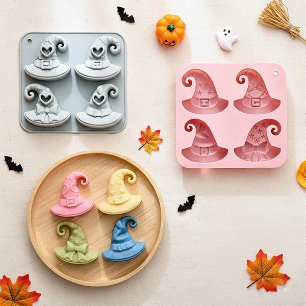 Molde de silicona de 4 cavidades con forma de sombrero de bruja de Halloween / Ideal para caramelos, chocolate, fondant, jabón, resina y mini velas.