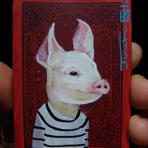 Pig Portrait N26. ACEO's card 2.5"x3.5" original acrylic painting. 2012
