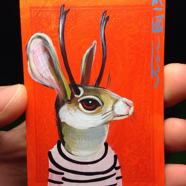 Jackalope on a playing cards. Original Acrylic Paintings. 2013