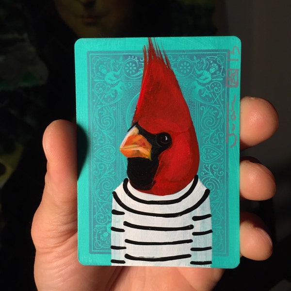 Red Cardinal portrait on a playing cards. Original Acrylic Painting. 2013