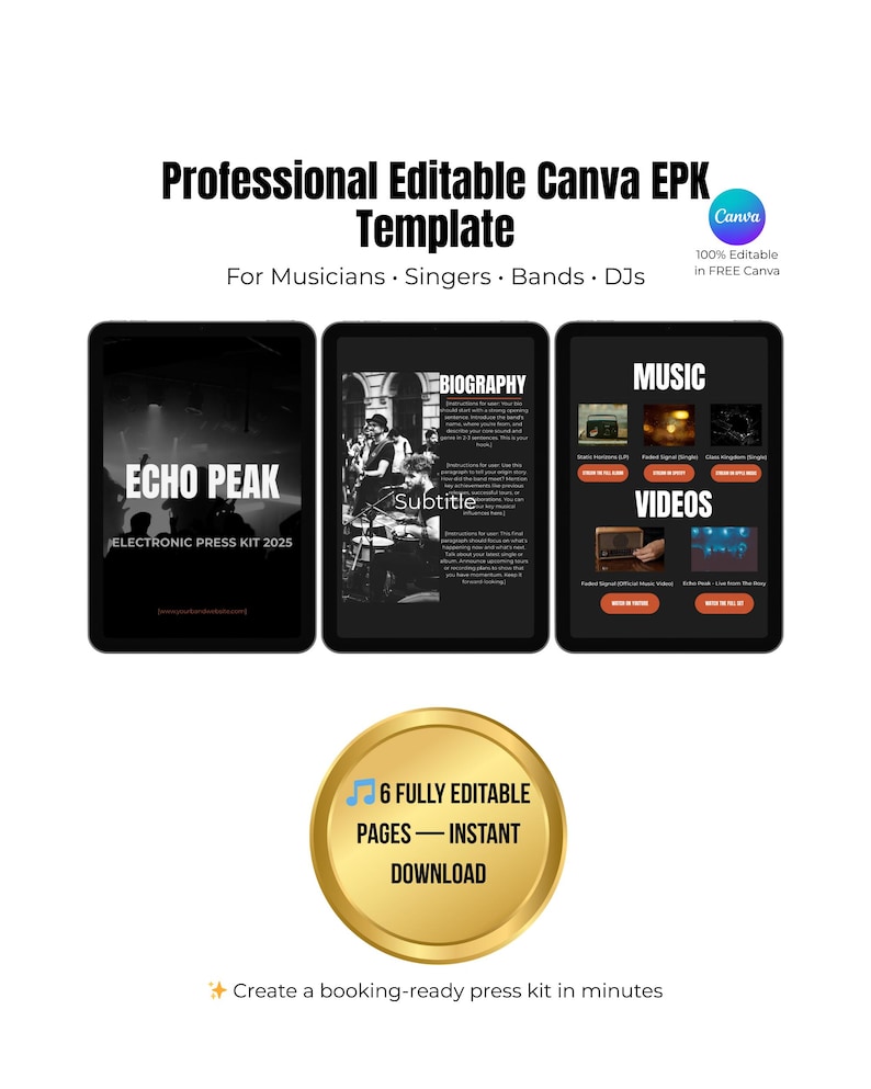 Canva EPK Template for Musicians – Editable Press Kit (PDF) image 1