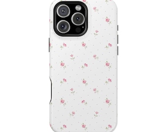Vitt blommigt skal, liten rosa ros telefonskal | Magnetiskt stöttåligt skal