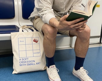 Canvas Tote Bag, Blue Grid Art Lover Bag for Enamel Pins and Books