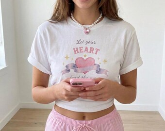 Women Crop T-Shirt, Pink Heart Blue Ribbon Tee, Let Your Heart Lead the Way