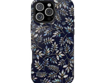 Navy Botanical Leaf Pattern Phone Case | Magnetic Impact-Resistant Case