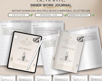 Op de afbeelding: Een open digitaal dagboek met de titel "Ultimate Inner Work Journal" wordt getoond met een tablet en stylus. Het dagboek heeft een minimalistisch ontwerp en is bedoeld voor zelfcoaching. Tekst bevat "Direct downloaden" en "US Letter Size".