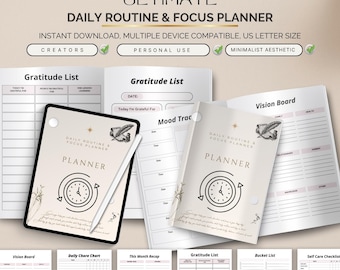 Routine giornaliera e pianificatore di concentrazione per produttività, blocchi di tempo, gestione delle attività, monitoraggio delle abitudini e definizione degli obiettivi in formato PDF digitale