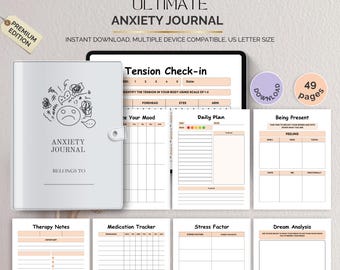 Puede incluir: Un diario digital para la ansiedad con una cubierta blanca que presenta el texto "ANXIETY JOURNAL" y un garabato de cara triste. El diario incluye páginas para la planificación diaria, el seguimiento del estado de ánimo y notas de terapia.