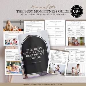 May include: A collection of printable fitness guides for busy mothers. The main guide, "The Busy Mom Fitness Blueprint Guide," is featured prominently. Other pages include workout routines and tips. The guides are available for instant download.