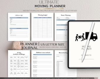 May include: A digital moving planner with various printable pages, including address info, moving budget, and room planning. The planner is US letter size and includes a 30-day declutter challenge and house hunting schedule. A tablet displays the planner's cover.