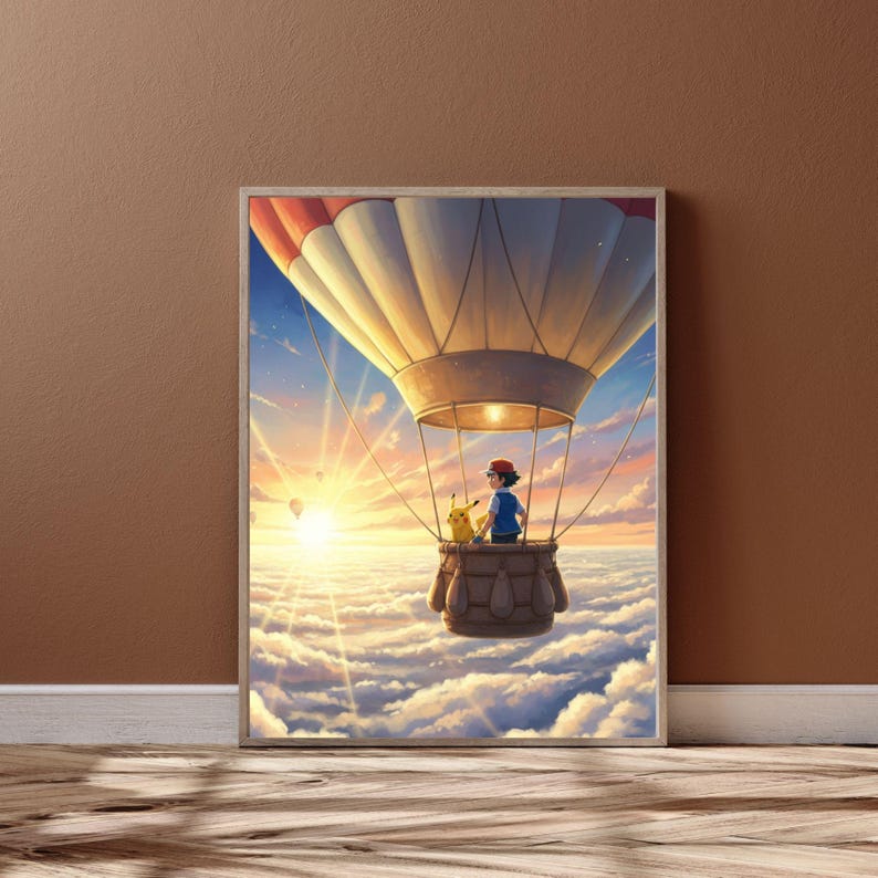 Pikachu and Ash Ketchum Balloon Ride Anime Poster – Japanese Manga Wall ...