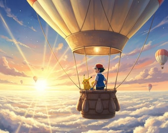 Pikachu Poster - Ash Ketchum Balloon Ride Anime Poster – Japanese Manga Wall Art (Digital Download)