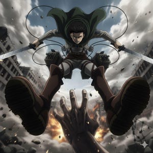 May include: An anime-style illustration featuring a character from Attack on Titan. The character is depicted mid-air, wielding two swords, with a focused expression. The background shows a ruined cityscape and a reaching hand.