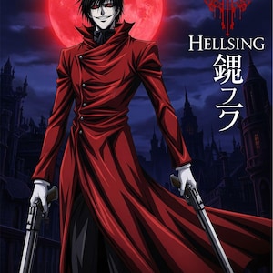 Peut inclure: Illustration d'anime d'un personnage de Hellsing, vêtu d'un long manteau rouge et de cheveux noirs, tenant deux pistolets. Une grande lune rouge en arrière-plan, avec le mot "Hellsing" et du texte japonais.