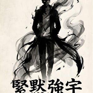 以下が含まれることがあります： 黒いコートを着た人物が、煙のような筆致に囲まれ、目が光っているイラスト。 日本語の文字と「SUNG JIN-WOO」という名前が、クリーム色の背景にスタイリッシュなフォントで描かれています。