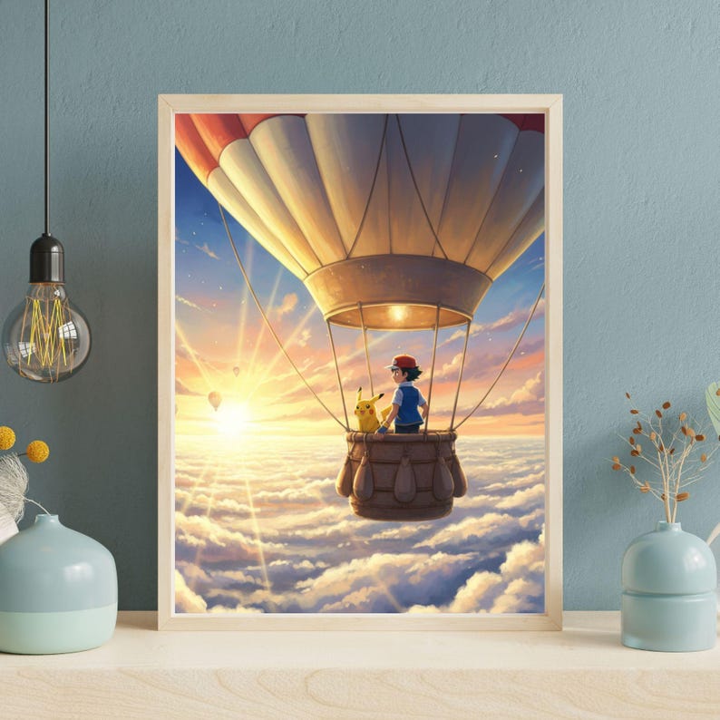 Pikachu and Ash Ketchum Balloon Ride Anime Poster – Japanese Manga Wall ...