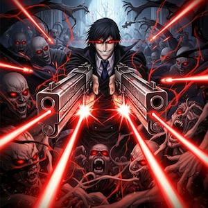 May include: Digital artwork depicting a man in a black suit wielding two silver pistols, emitting red laser beams. A horde of zombie-like figures with red eyes forms the backdrop, creating a dark and dramatic atmosphere.