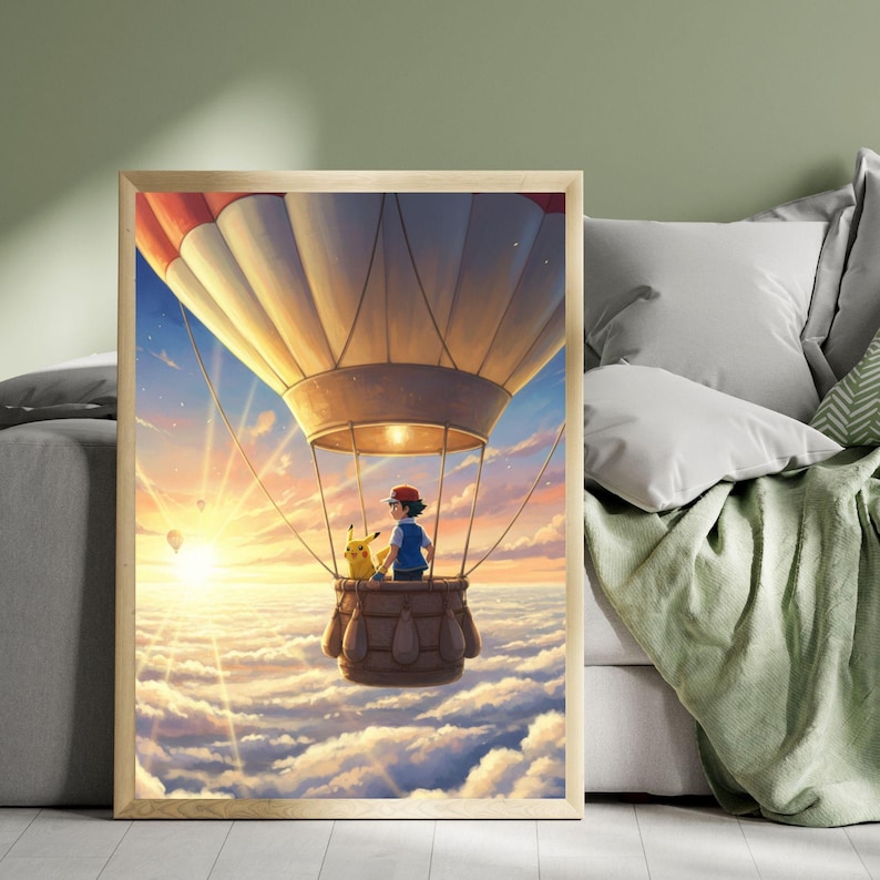 Pikachu and Ash Ketchum Balloon Ride Anime Poster – Japanese Manga Wall ...