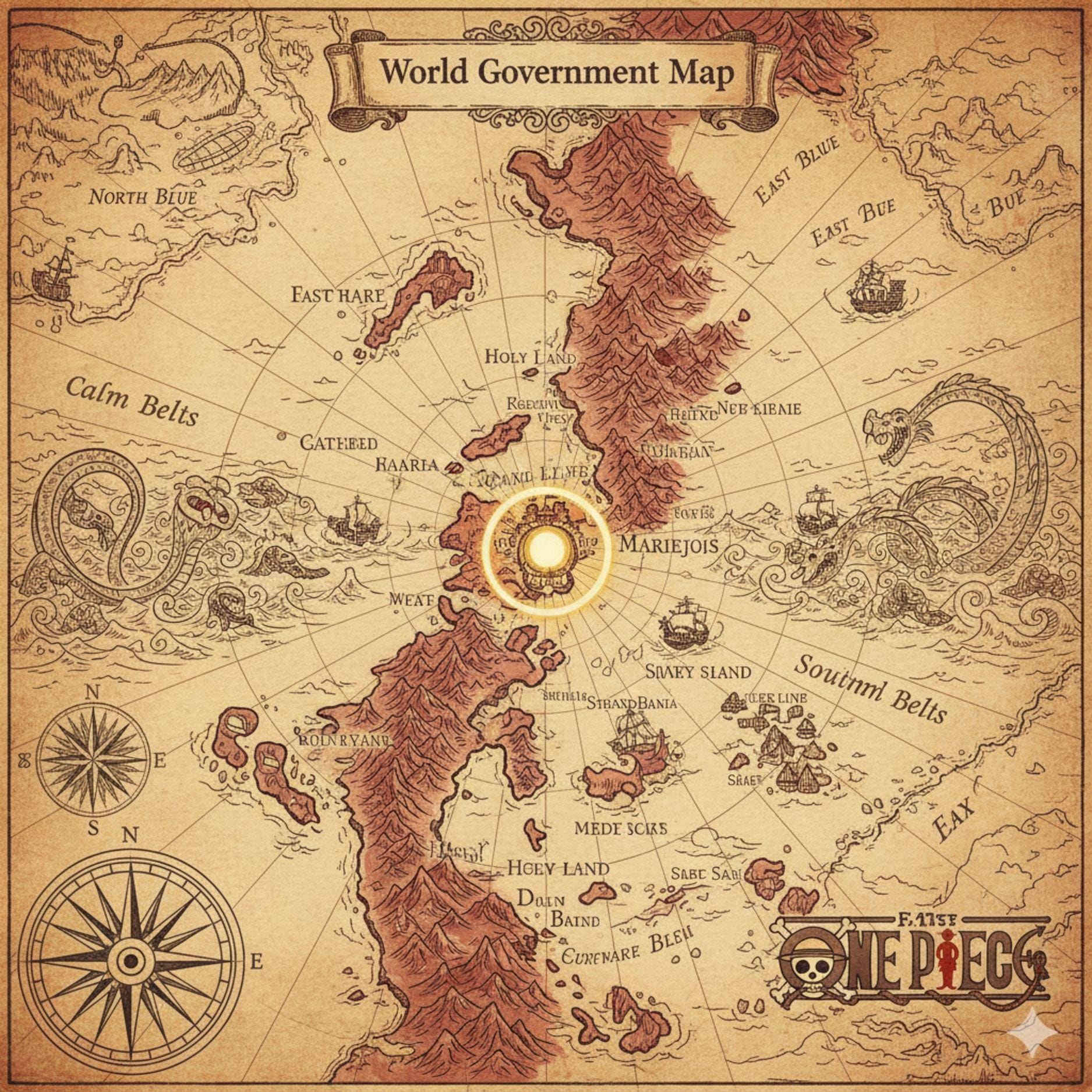 One Piece Anime Map, World Government Map Poster: Manga Fan Art
