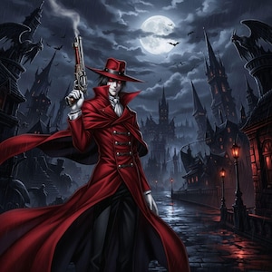 Peut inclure: Illustration numérique d'un personnage en long manteau et chapeau rouges, tenant un pistolet. Le personnage se tient sur une rue pavée devant un paysage urbain gothique sous la pleine lune. Le ciel est sombre avec des nuages et des chauves-souris.