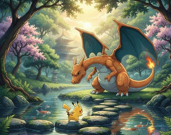 Pokemon Poster - Pikachu and Charizard Japanese Garden Poster, Manga Wall Art (Digital Download)