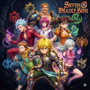 Puede incluir: Ilustración digital con personajes de "Seven Deadly Sins". La obra presenta un grupo de figuras de estilo anime en poses dinámicas y colores vibrantes. El título "Seven Deadly Sins" se muestra en la parte superior derecha.