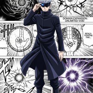 May include: A full-body illustration of a character from the anime Jujutsu Kaisen. The character is wearing a dark blue coat and pants, with white hair and a blindfold. The image includes text that says "INFINITY", "DOMAIN EXPANSION: UNLIMITED VOID", and "HOLLOW PURPLE".