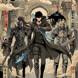 以下が含まれることがあります： 日本のテキストが入ったイラスト。青い短剣を持った中心人物と、鎧を着た人物が描かれています。この作品はファンタジーをテーマにしており、背景には石造りのアーチがあります。配色は主にグレーと黒です。