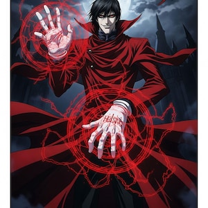 May include: Anime artwork featuring a character from Hellsing. The character wears a long red coat and black clothing, with red energy radiating from their hands. The word "Hellsing" is visible on the character's hand.