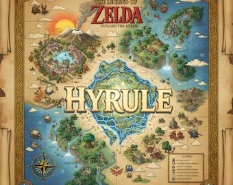 The Legend of Zelda Map Poster | Hyrule Gamer Room Wallart (Digital Download PNG)