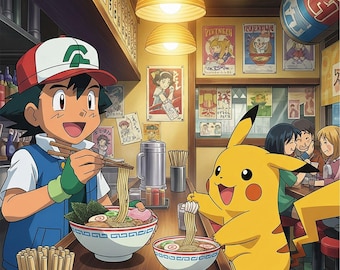 Pokemon Poster - Pikachu and Ash Ketchum Ramen, Japanese Manga Wall Art (Digital Download)
