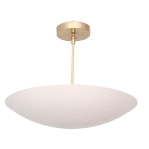 May include: A modern white pendant light with a brass-colored canopy and stem. The light fixture has a large, oval-shaped shade, and is suspended from the ceiling. The design is minimalist and suitable for various interior styles.