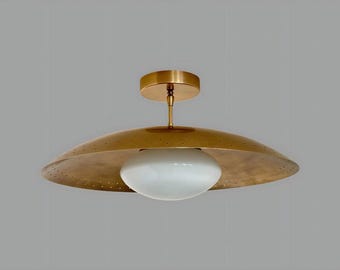 Mid Century Modern Brass Flush Mount Ceiling Light – Perforated Brass Dome with White Globe
