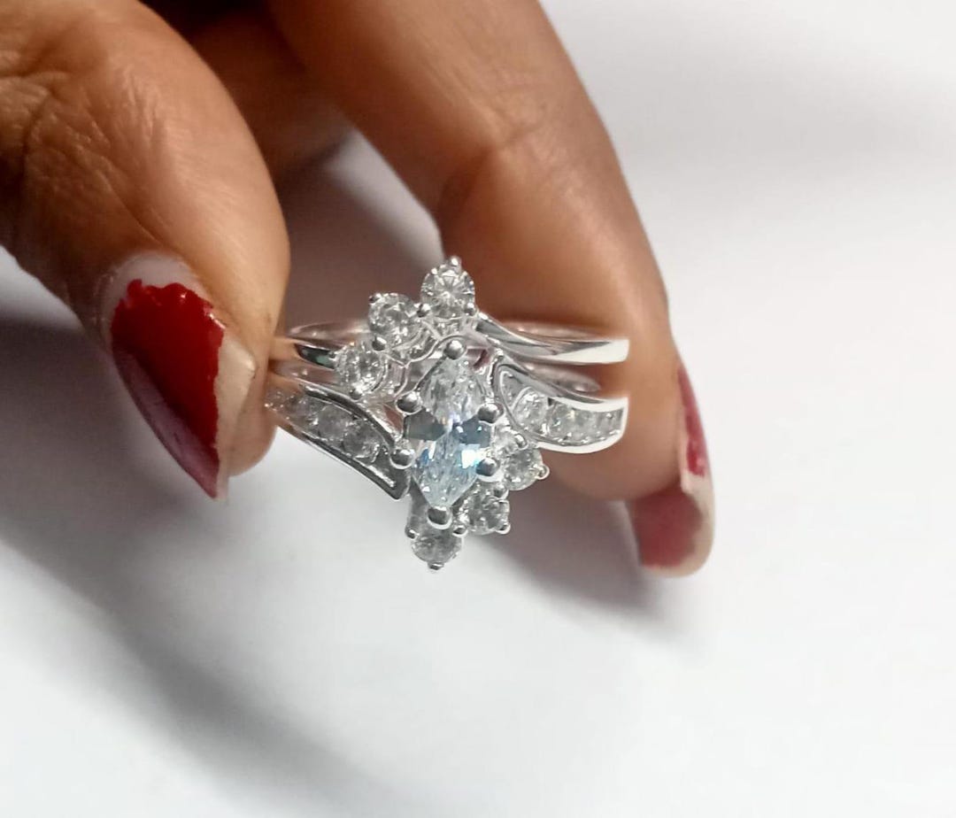 2ct Marquise Moissanite Engagement Ring Set, 14K White Gold Plated - Etsy