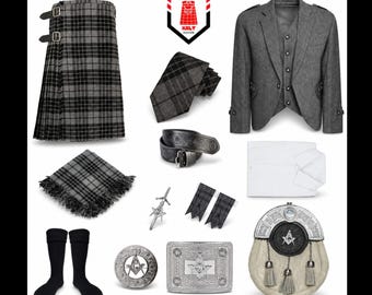 Chaqueta escocesa de tweed gris con estampado de rombos para hombre, sporran con insignia masónica, conjunto de kilt de 12 piezas, traje tradicional de kilt para bodas. Disponible en más de 50 tartanes.