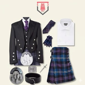 May include: A complete Scottish kilt outfit, including a black jacket, waistcoat, and kilt in a blue, black, and purple tartan. The ensemble also features a white shirt, tie, and accessories such as a sporran and belt. The Kelt Haven logo is visible.