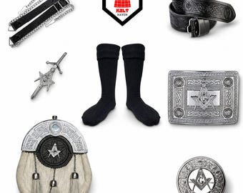 Set da uomo scozzese a 6 pezzi con sporran, calzini e cintura, con stemma massonico cromato, perfetto per il kilt tradizionale.