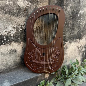 Handmade Rosewood 10 Metal String Lyre Harp, Carved Dragon Detail, Decorative Musical Instrument (Bag and tunning key Included).