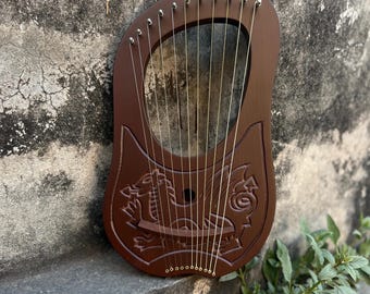 Lira de metal de 10 cuerdas, hecha a mano en palisandro, con detalle de dragón tallado, instrumento musical decorativo (incluye funda y llave de afinación).