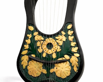 Handcrafted Rosewood 10 String Lyre Harp | Gold Floral Carvings, Decorative Musical Instrument With Bag and Tunning Key.