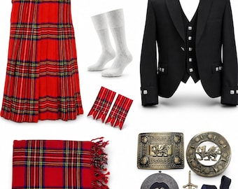 Conjunto de 10 piezas de kilt tradicional para boda con chaqueta de rombos escocesa galesa con dragón. Disponible en más de 50 colores de tartán.
