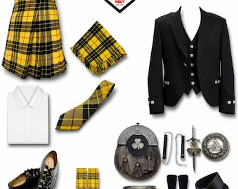 Scottish Men's Argyle Jacket Shamrock Sporran Complete kilt Set Traditional Highland Wedding Kilt Outfit Available in 50+ Tartan Colors.